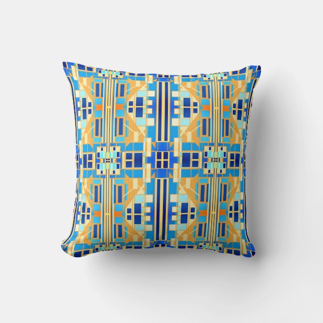 Blue Navy Coral Yellow Gold Large Tile Pattern Throw Pillow (Front)