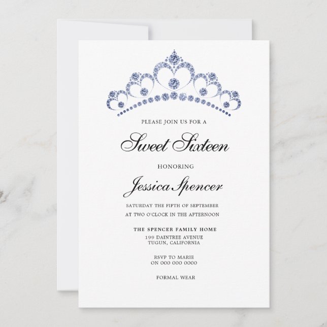 Blue & Navy Diamond Tiara Sweet 16 Party Invite (Front)