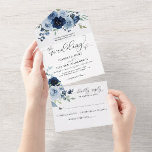 Blue Navy Dusty Slate Floral Botanical Wedding All In One Invitation