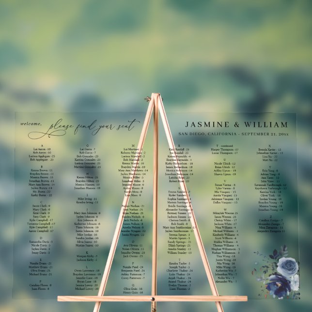 Blue & Navy Floral  Alphabetical Seating Chart LG (Neutral)