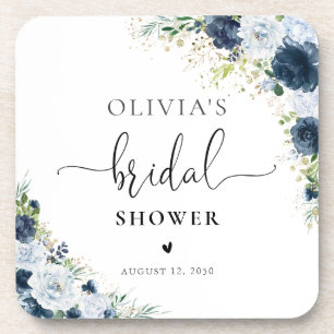 Blue Navy Floral Bridal Shower Coasters
