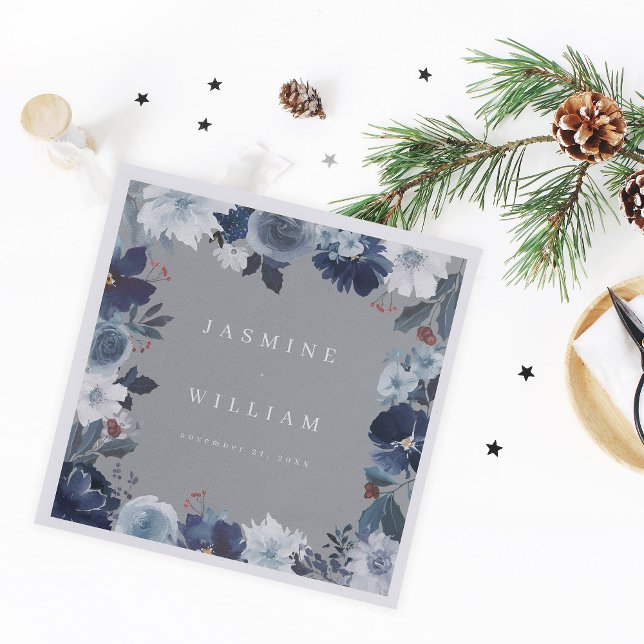 Blue & Navy Floral Name Napkins- Grey Napkin (Creator Uploaded)