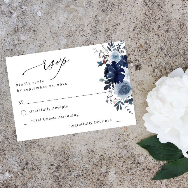 Blue & Navy Floral no Meal RSVP  Card (Creator Uploaded)