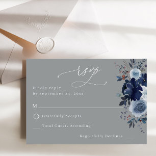 Blue & Navy Floral no Meal RSVP  - Grey Card