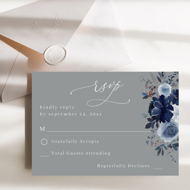 Blue & Navy Floral no Meal RSVP  - Grey Card (Creator Uploaded)