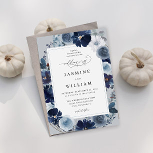 Blue & Navy Floral on Blue Grey Wedding Invitation