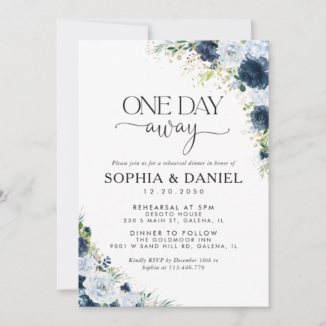 Blue Navy Floral One Day Away Invitation (Front)
