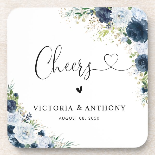 Blue Navy Floral Square Wedding Coaster (Front)