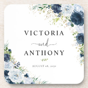 Blue Navy Floral Square Wedding Coaster
