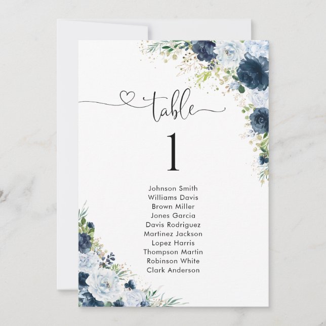Blue Navy Floral Table Number Seating Chart (Front)