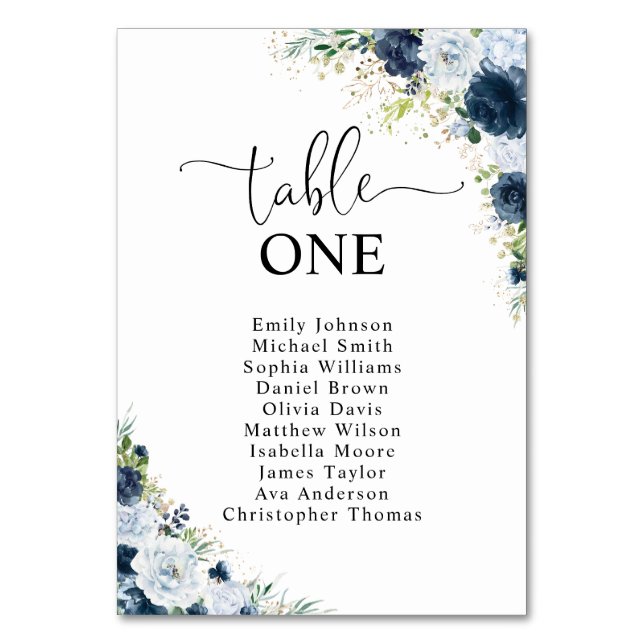 Blue Navy Floral Table Number Seating Chart (Front)