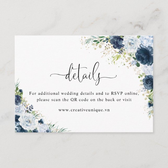 Blue Navy Floral Website QR Code Details  Enclosure Card (Front)