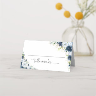 Blue Navy Floral Wedding Folded Place Card