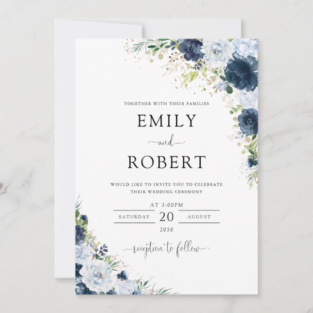 Blue Navy Floral Wedding Invitation (Front)