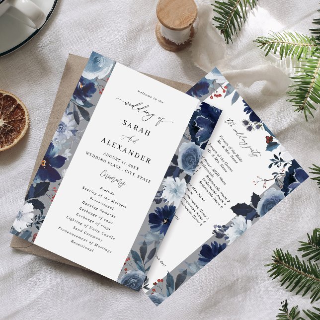 Blue & Navy Floral Wedding Program - Grey (Creator Uploaded)