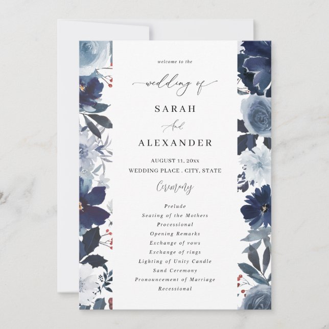 Blue & Navy Floral Wedding Program test2 (Front)