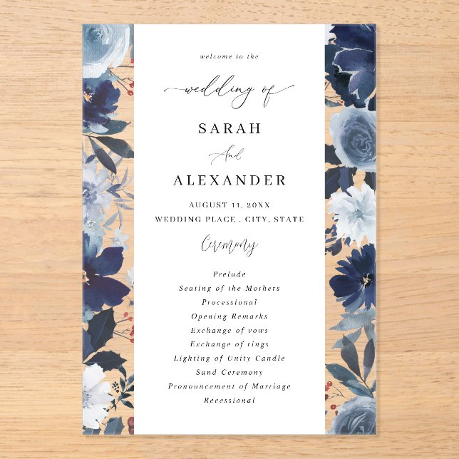 Blue & Navy Floral Wedding Programme Acrylique (Recto)