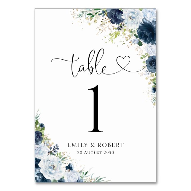 Blue Navy Floral Wedding Table Numbers (Front)