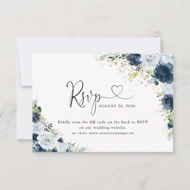 Blue Navy Floral Wedding Website QR Code RSVP  Card (Front)