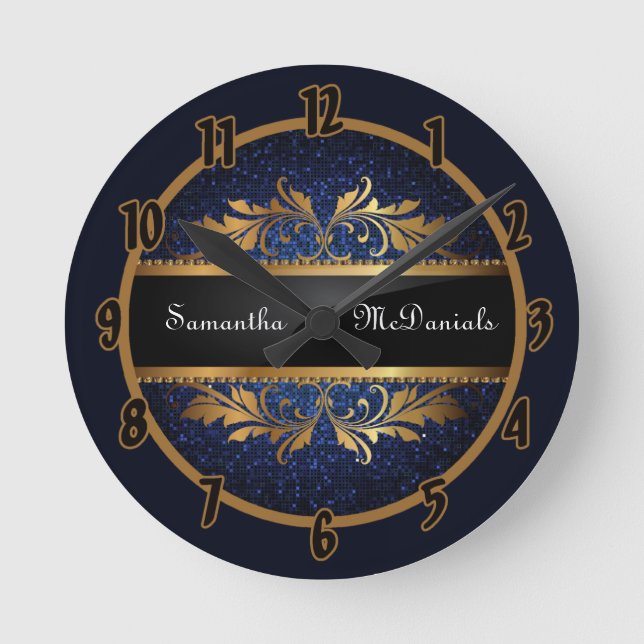Blue Navy Glitter Sequin Disco Personalized Clock (Front)