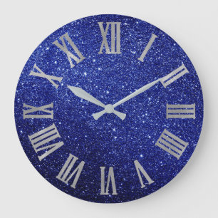 Blue Navy Glitter Silver GrayMetallic Roman Numers Large Clock