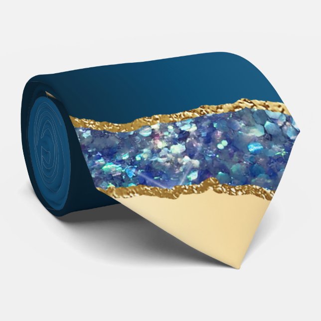 Blue navy gold agate glitter grooms wedding  tie (Rolled)