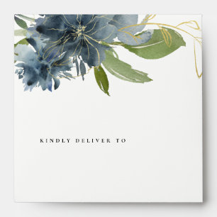BLUE NAVY GOLD GREEN FLORAL WATERCOLOR ADDRESS ENVELOPE