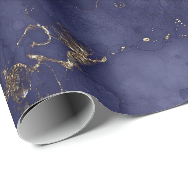 Blue Navy Gold Ink Grungy Black Abstract Marble Wrapping Paper (Roll Corner)