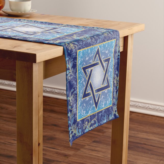 Blue Navy Gold Jewish Star of David  Short Table Runner (In Situ)