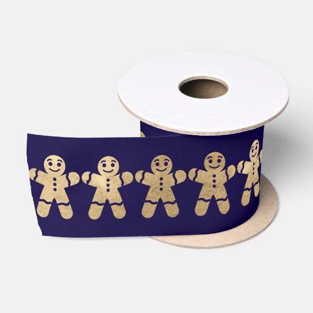Blue Navy Golden Christmas Gingerbread Man Satin Ribbon (Spool)