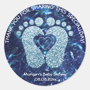 Blue Navy Heart Feet Baby Shower Favour Thank Boy Classic Round Sticker