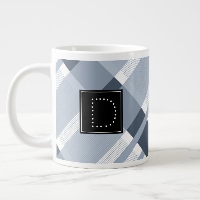 Blue Navy Jean Plaid Striped Pattern Monogram Large Coffee Mug (Left)