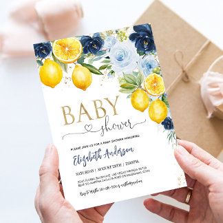 Blue Navy Lemon Citrus Floral Baby Shower Invite