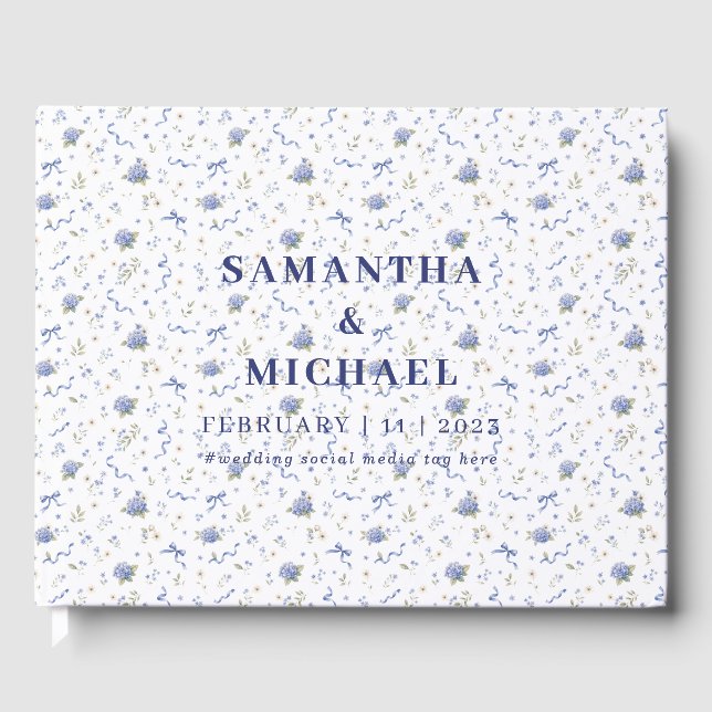 Blue Navy Minimal Floral Patterned Wedding Guest Book (Front)