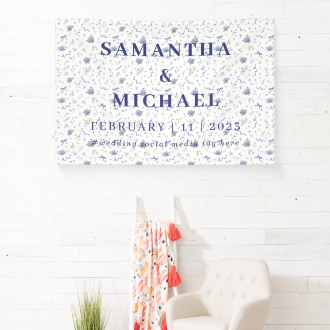 Blue Navy Minimalist Floral Patterned Wedding Banner (Insitu)