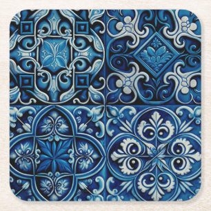 Blue navy mosaic tile. Abstract floral pattern Square Paper Coaster