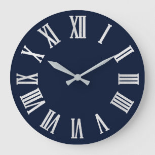 Blue Navy Nauti Grey Metallic Silver Roman Numbers Large Clock