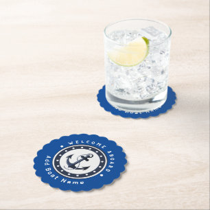 Blue Navy Nautical Anchor yacht club boat marina  Paper Coaster