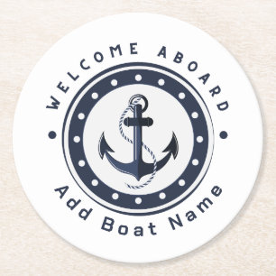 Blue Navy Nautical Anchor yacht club boat marina  Round Paper Coaster