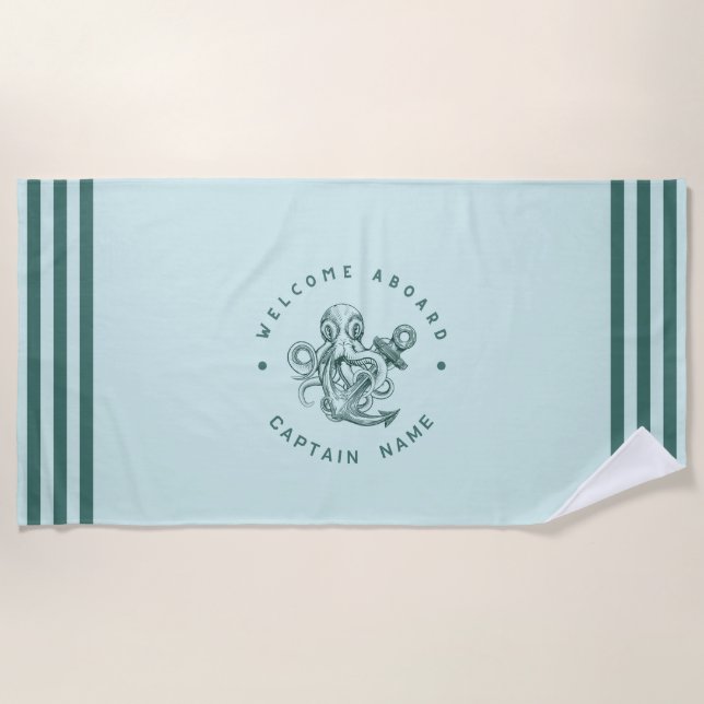 Blue Navy Nautical Anchor yacht club retro octopus Beach Towel (Front)