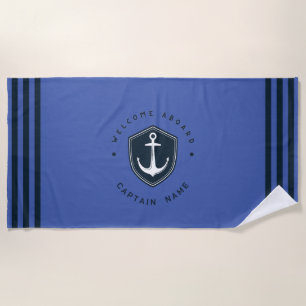 Blue Navy Nautical Anchor yacht club sailing Name  Beach Towel