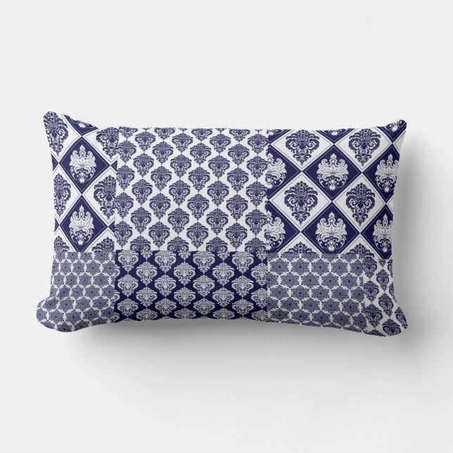 Blue Navy Patchwork Damask Reversible Pillow (Front)