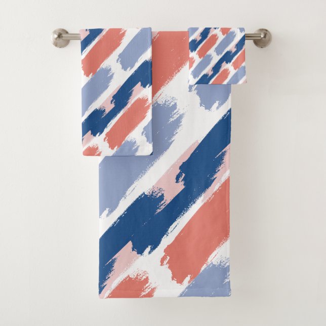 Blue, Navy, Peach and Pink Abstract Paint Strokes Bath Towel Set (Insitu)