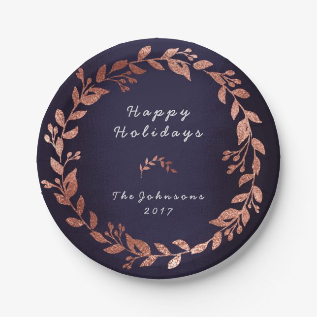 Blue Navy Pink Rose Gold Grey Christmas Paper Plate (Front)
