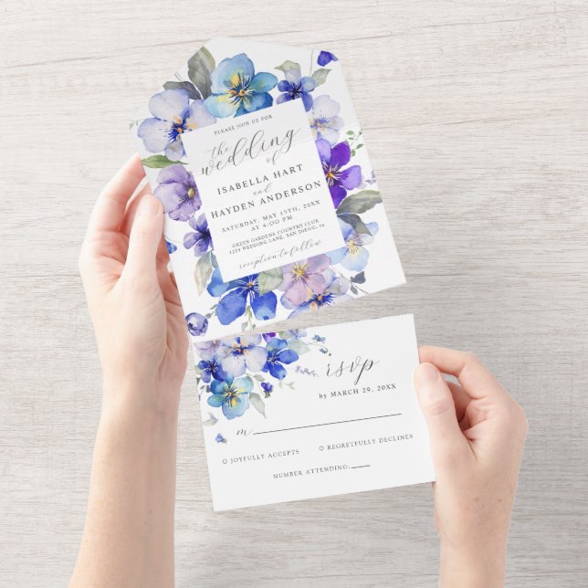 Blue Navy Purple Viola Pansy Floral Wedding RSVP All In One Invitation (Tearaway)