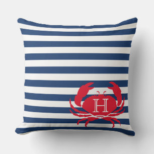 Blue Navy Red Crab Nautical Modern Stripes Outdoor Pillow