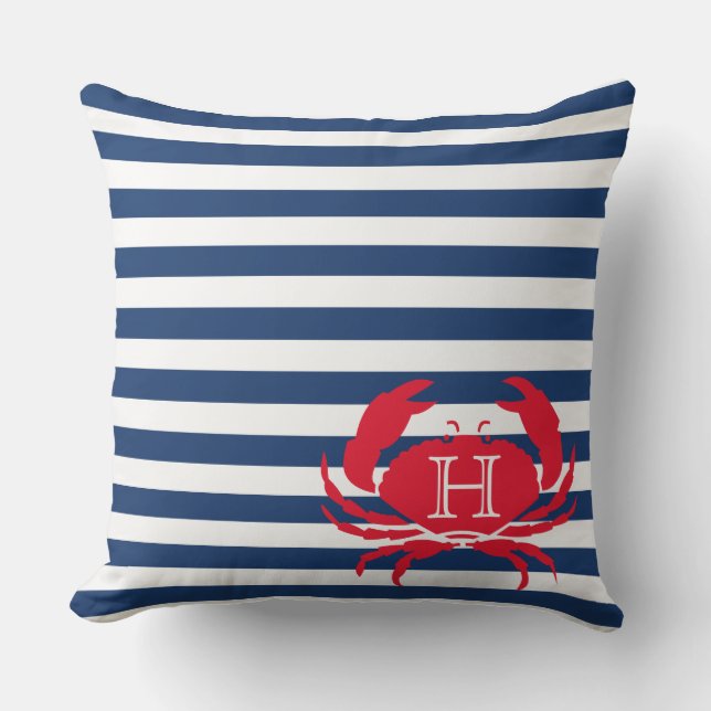 Blue Navy Red Crab Nautical Modern Stripes Outdoor Pillow (Front)