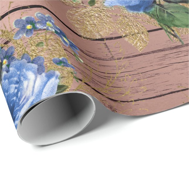 Blue Navy Rose Wood Rustic Floral Bridal Shower Wrapping Paper (Roll Corner)