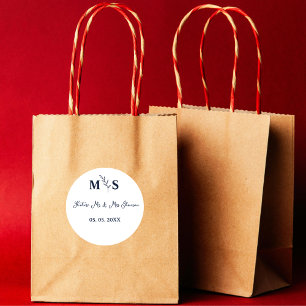 Blue navy script Monogram script future mr & mrs  Classic Round Sticker