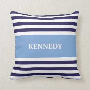 Blue & Navy Stripes & Monogram Throw Pillow